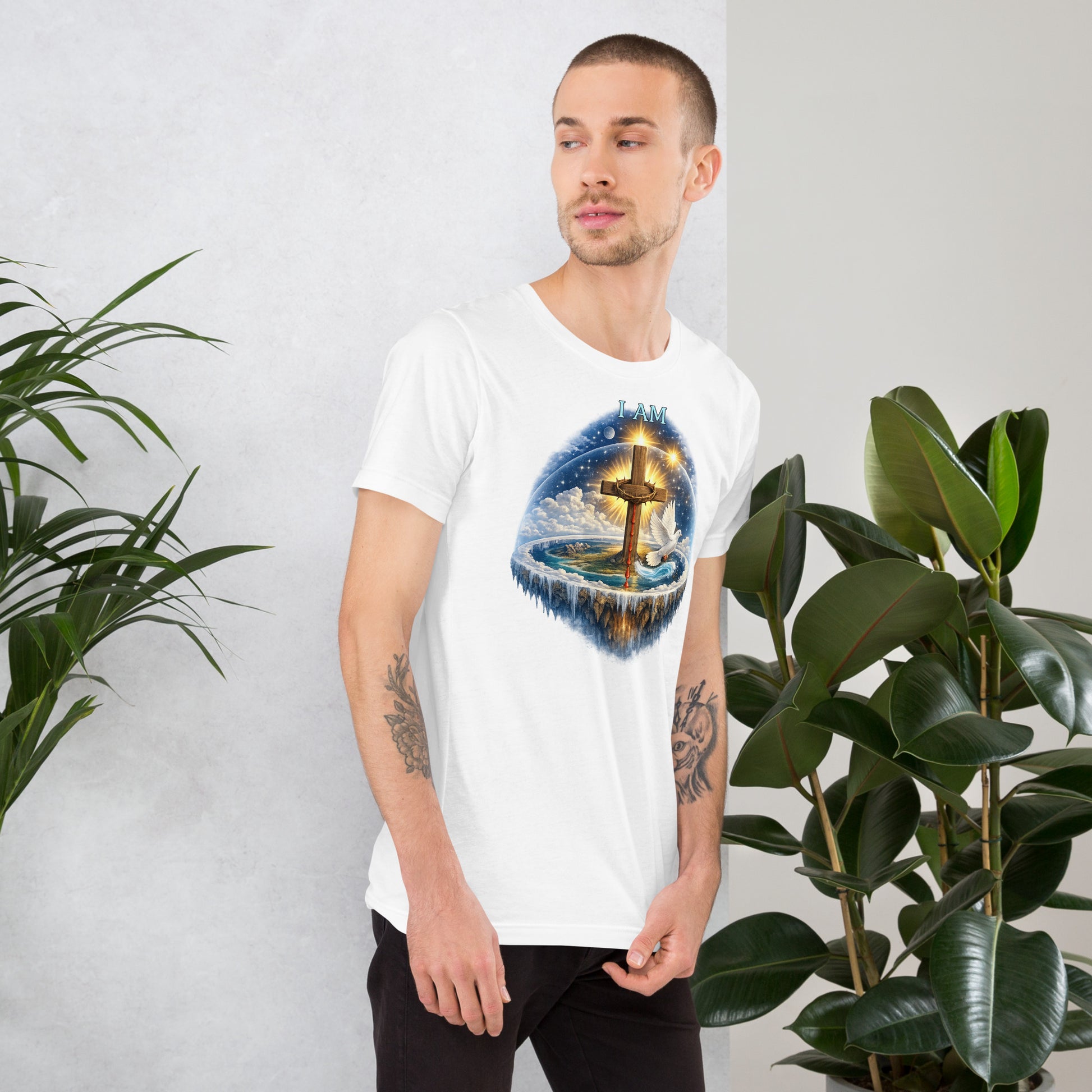 Christian T-shirt featuring I AM text, wooden cross with crown of thorns, dove, and biblical creation-inspired earth with firmament design