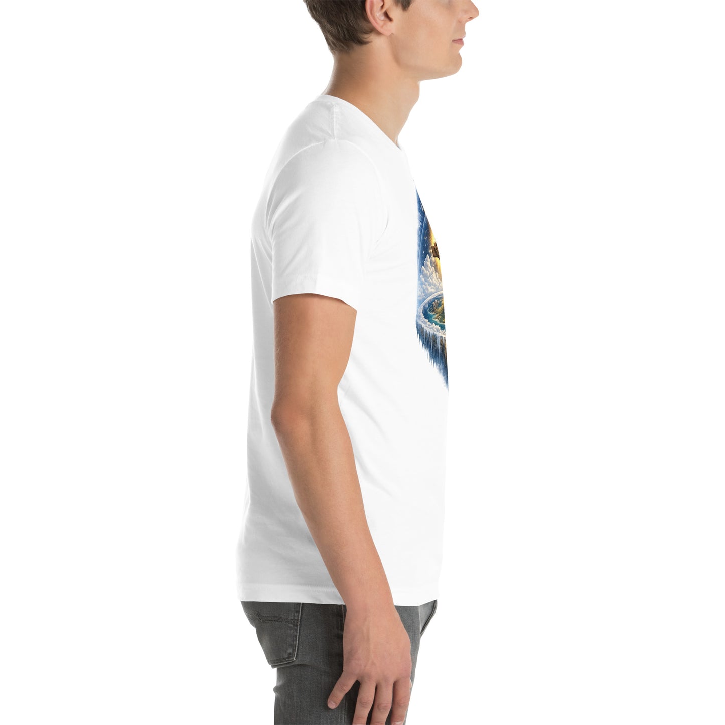 Christian T-shirt featuring I AM text, wooden cross with crown of thorns, dove, and biblical creation-inspired earth with firmament design