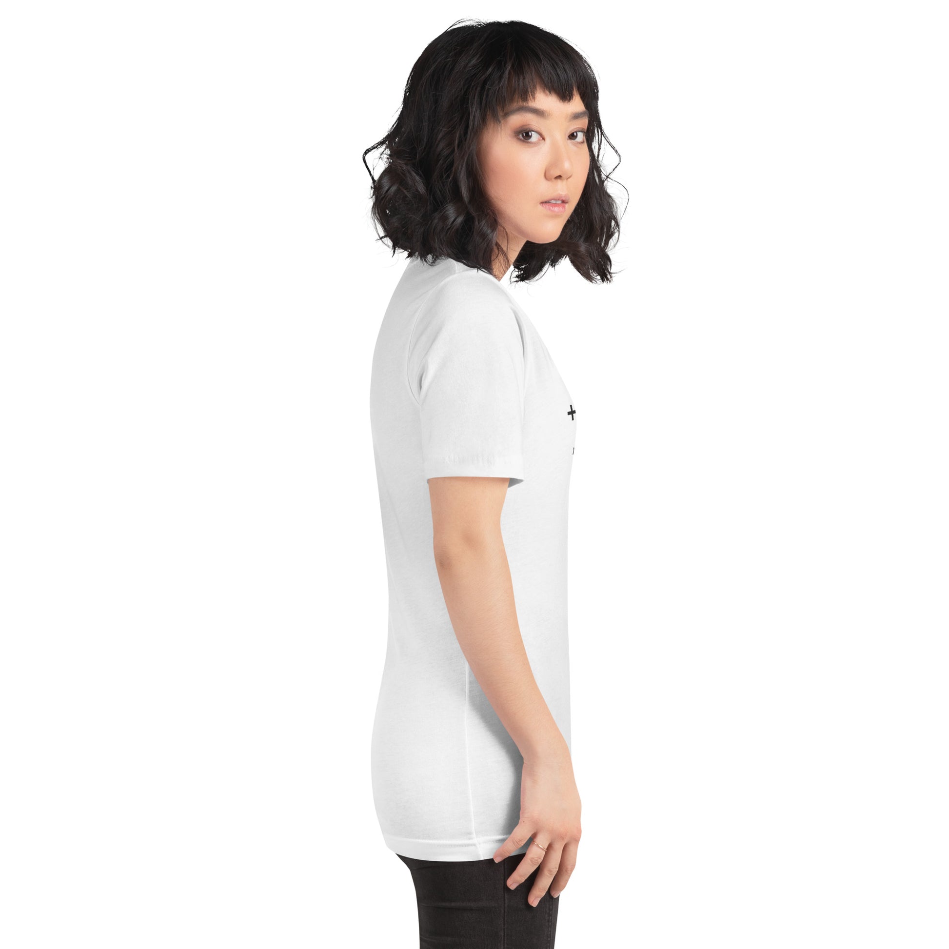 Minimalist white Bella Canvas Christian t-shirt featuring the word “Truth” in elegant black typography with subtle faith-inspired design details.
