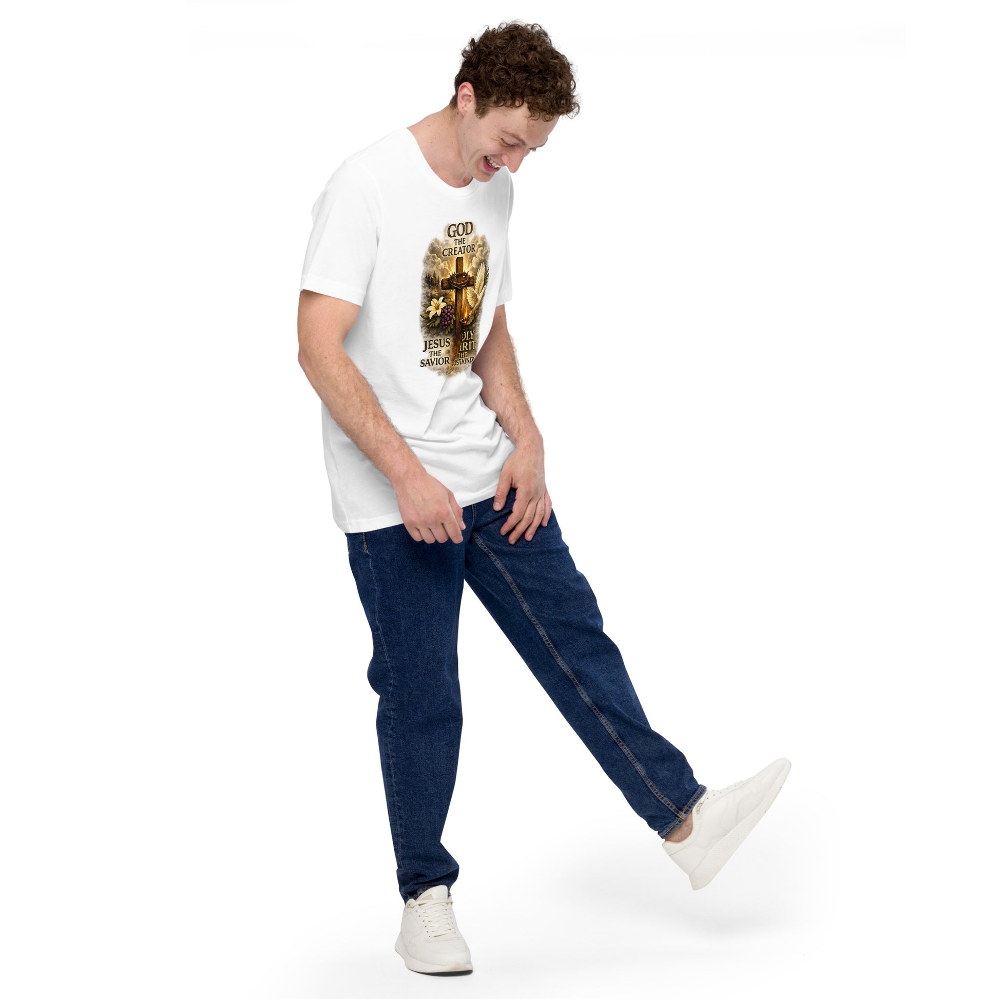 Christian white T-shirt design with the words God the Creator Jesus the Savior Holy Spirit the Sustainer featuring a wooden cross, dove, flame, grapes, and lily