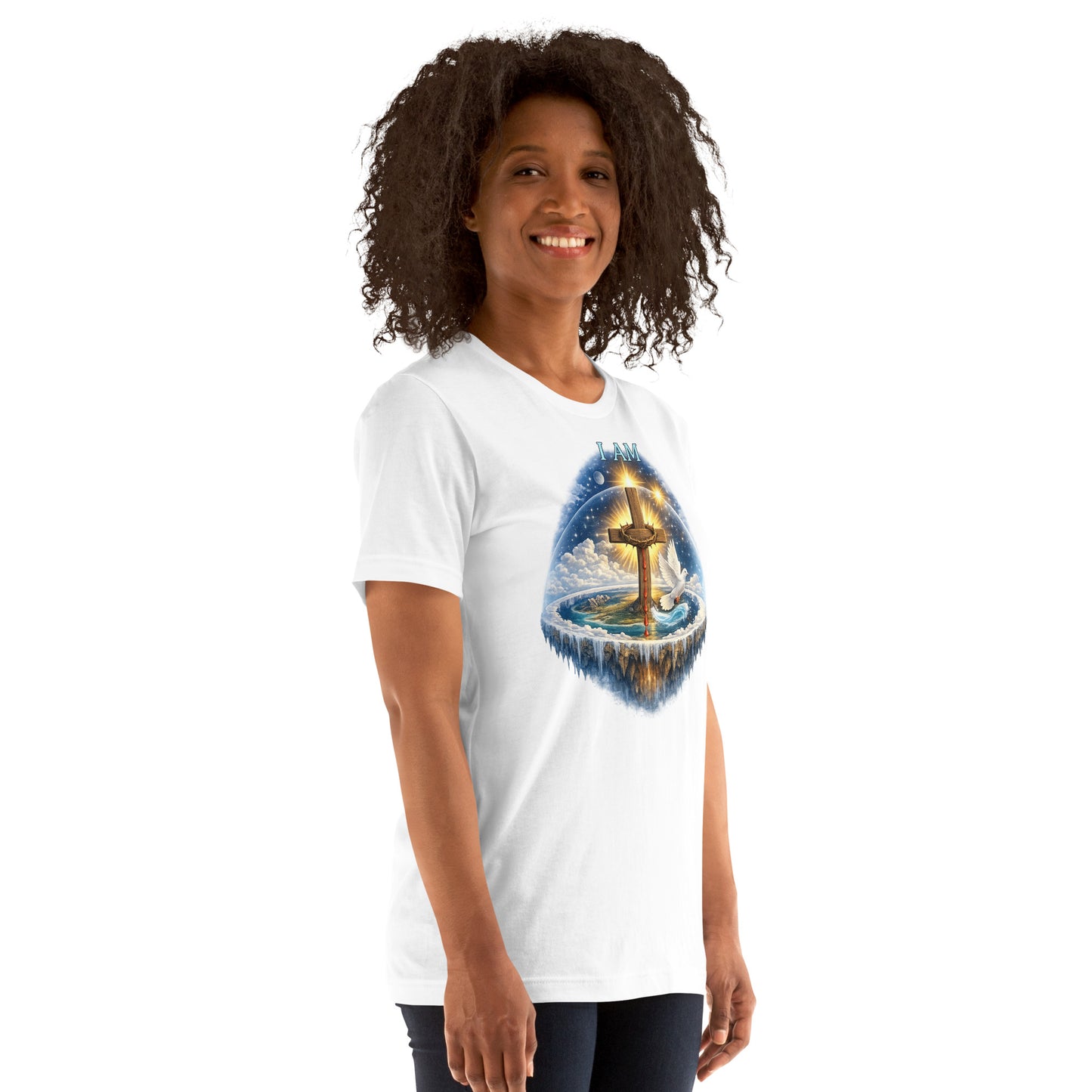 Christian T-shirt featuring I AM text, wooden cross with crown of thorns, dove, and biblical creation-inspired earth with firmament design