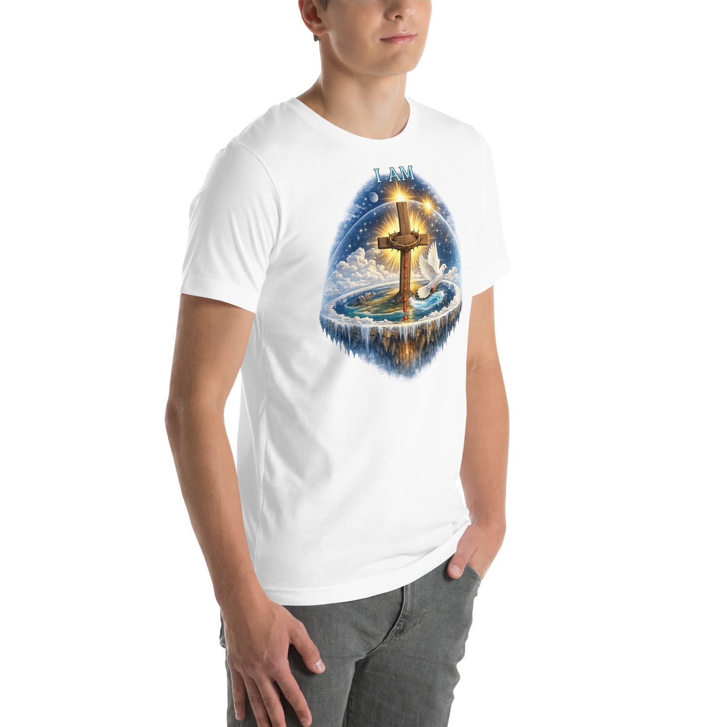 Christian T-shirt featuring I AM text, wooden cross with crown of thorns, dove, and biblical creation-inspired earth with firmament design
