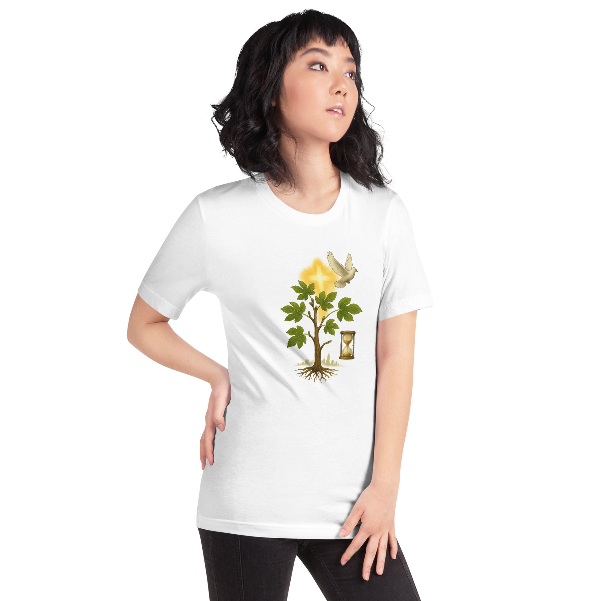 Christian t-shirt featuring a rooted tree, glowing cross, dove, and hourglass symbolizing faith, spiritual growth, and eternity in Christ.