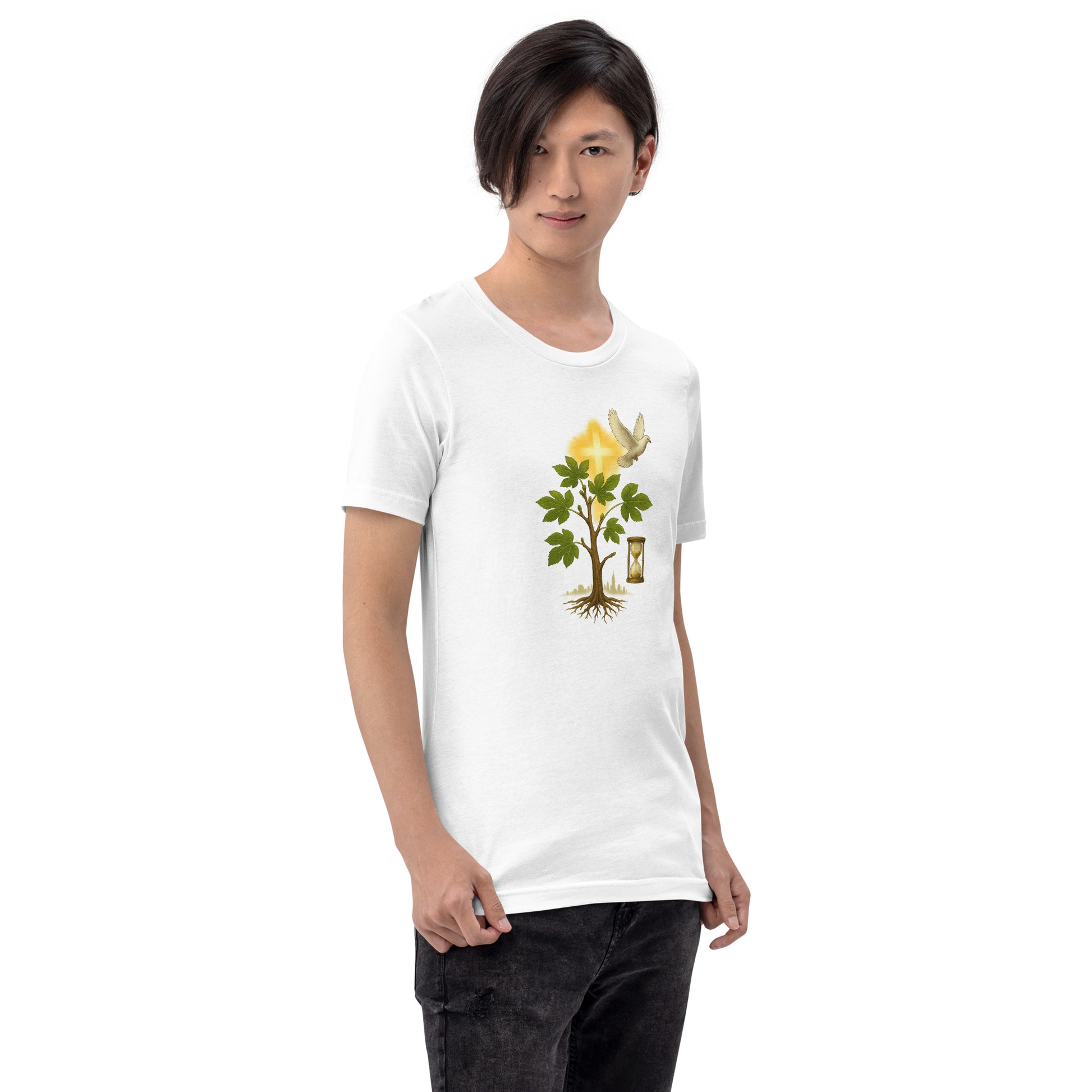 Christian t-shirt featuring a rooted tree, glowing cross, dove, and hourglass symbolizing faith, spiritual growth, and eternity in Christ.