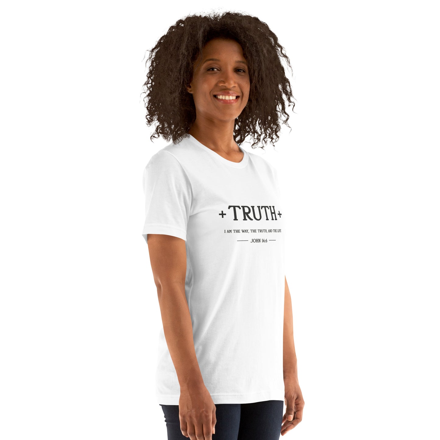 Minimalist white Bella Canvas Christian t-shirt featuring the word “Truth” in elegant black typography with subtle faith-inspired design details.