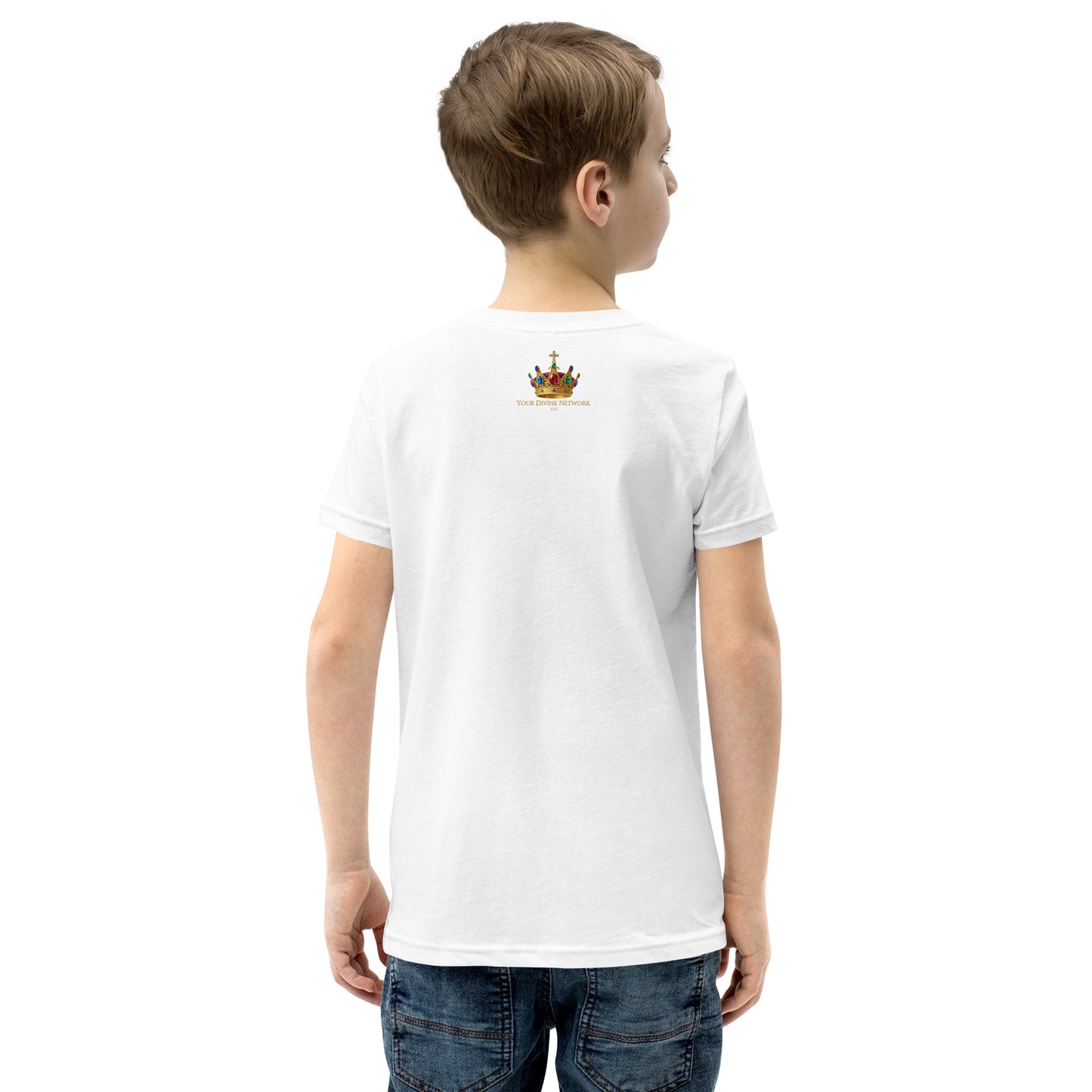 Christian youth t-shirt featuring a colorful Wonderfully Made design with a crown inspired by Psalm 139:14.