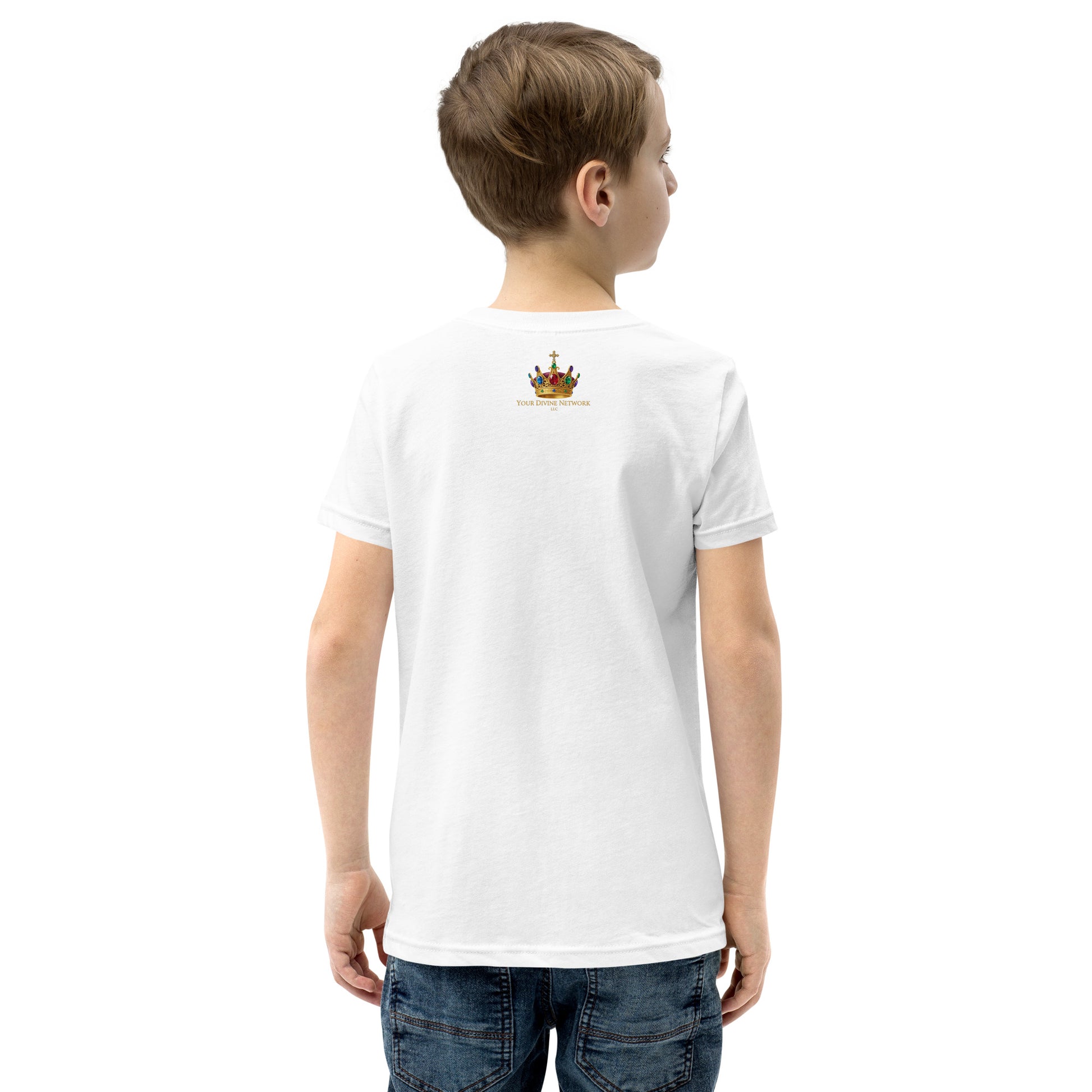 Christian youth t-shirt featuring a colorful Wonderfully Made design with a crown inspired by Psalm 139:14.
