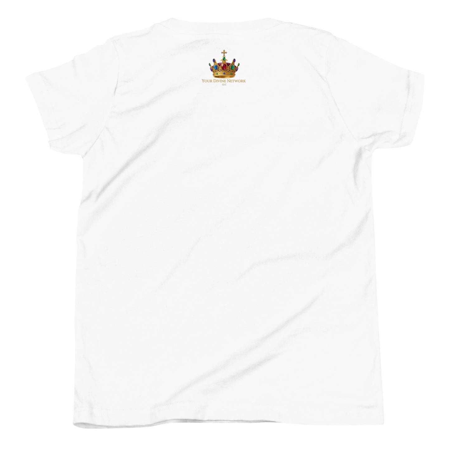 Christian youth t-shirt featuring a colorful Wonderfully Made design with a crown inspired by Psalm 139:14.