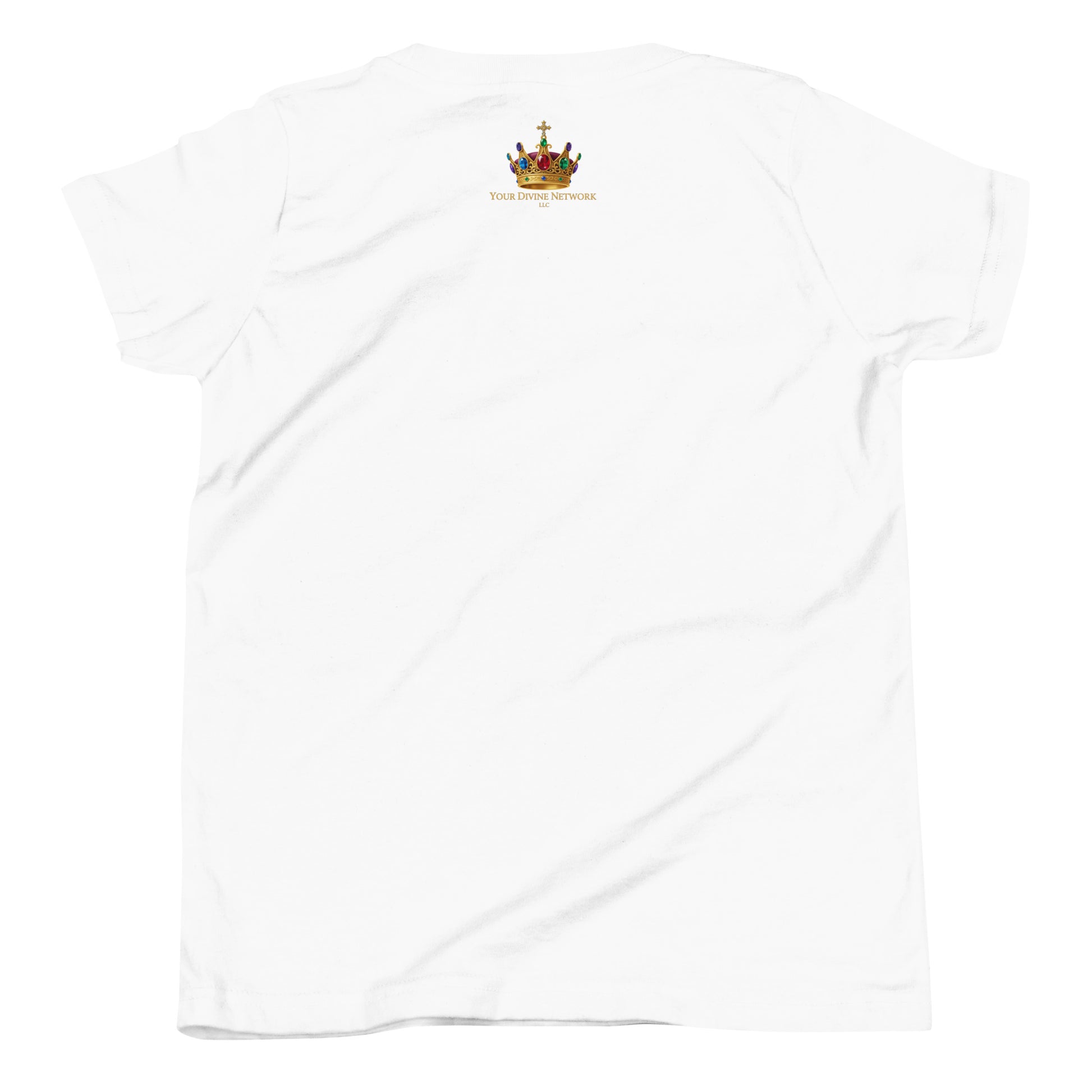 Christian youth t-shirt featuring a colorful Wonderfully Made design with a crown inspired by Psalm 139:14.
