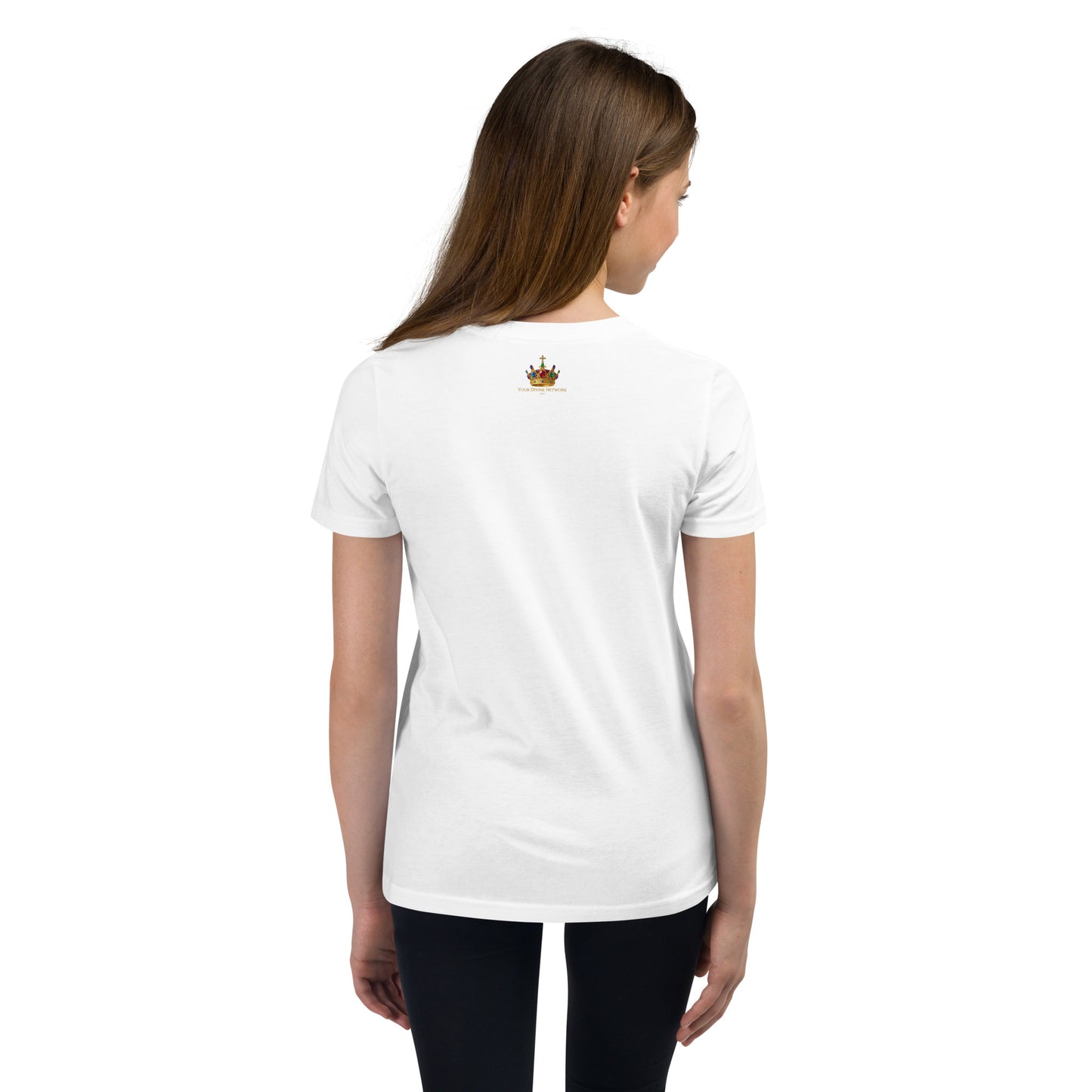 Christian “Heaven Sent” children’s design featuring elegant script typography, heavenly clouds, gold crown, and Psalm 127:3 on a white kids t-shirt.