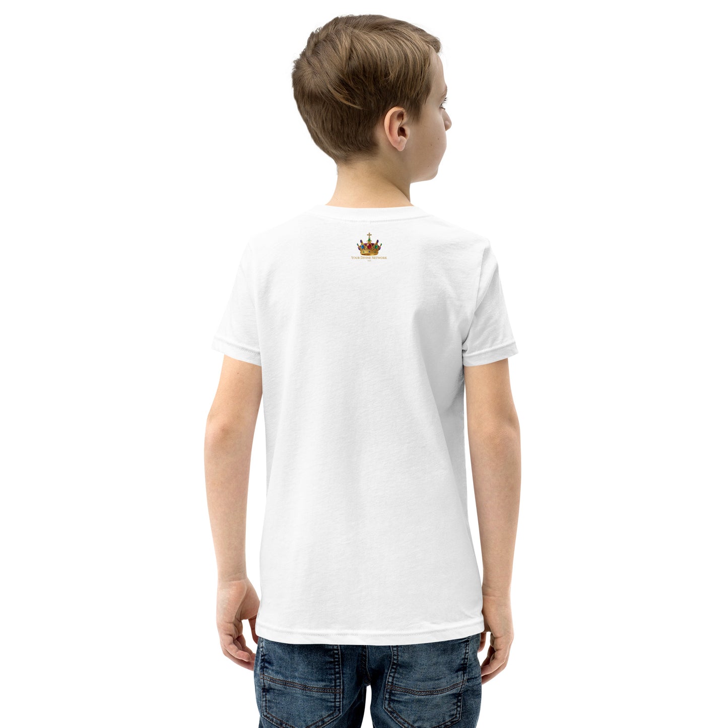 Christian “Heaven Sent” children’s design featuring elegant script typography, heavenly clouds, gold crown, and Psalm 127:3 on a white kids t-shirt.