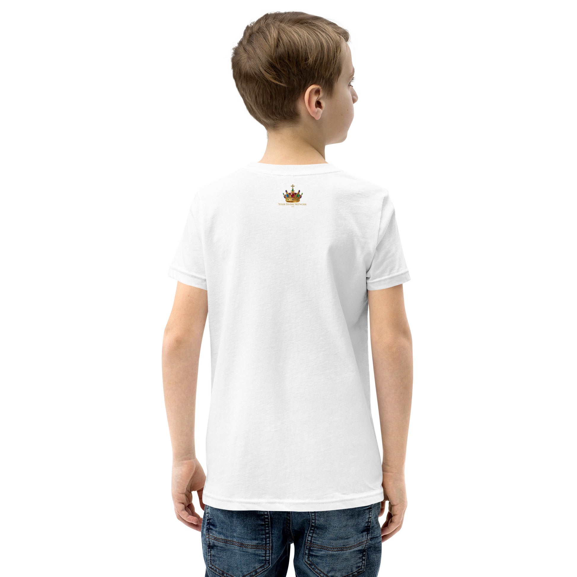 Christian “Heaven Sent” children’s design featuring elegant script typography, heavenly clouds, gold crown, and Psalm 127:3 on a white kids t-shirt.
