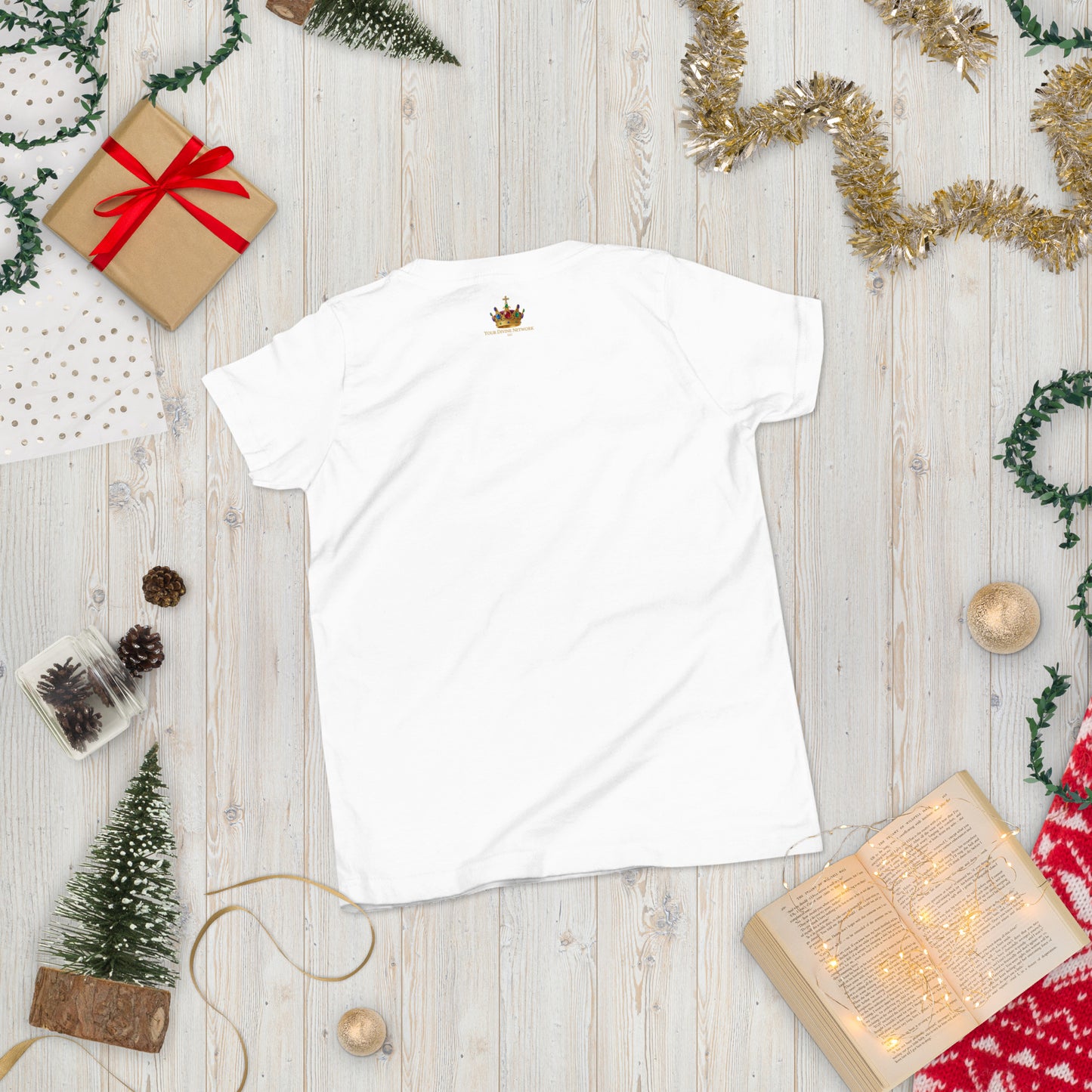 Christian “Heaven Sent” children’s design featuring elegant script typography, heavenly clouds, gold crown, and Psalm 127:3 on a white kids t-shirt.