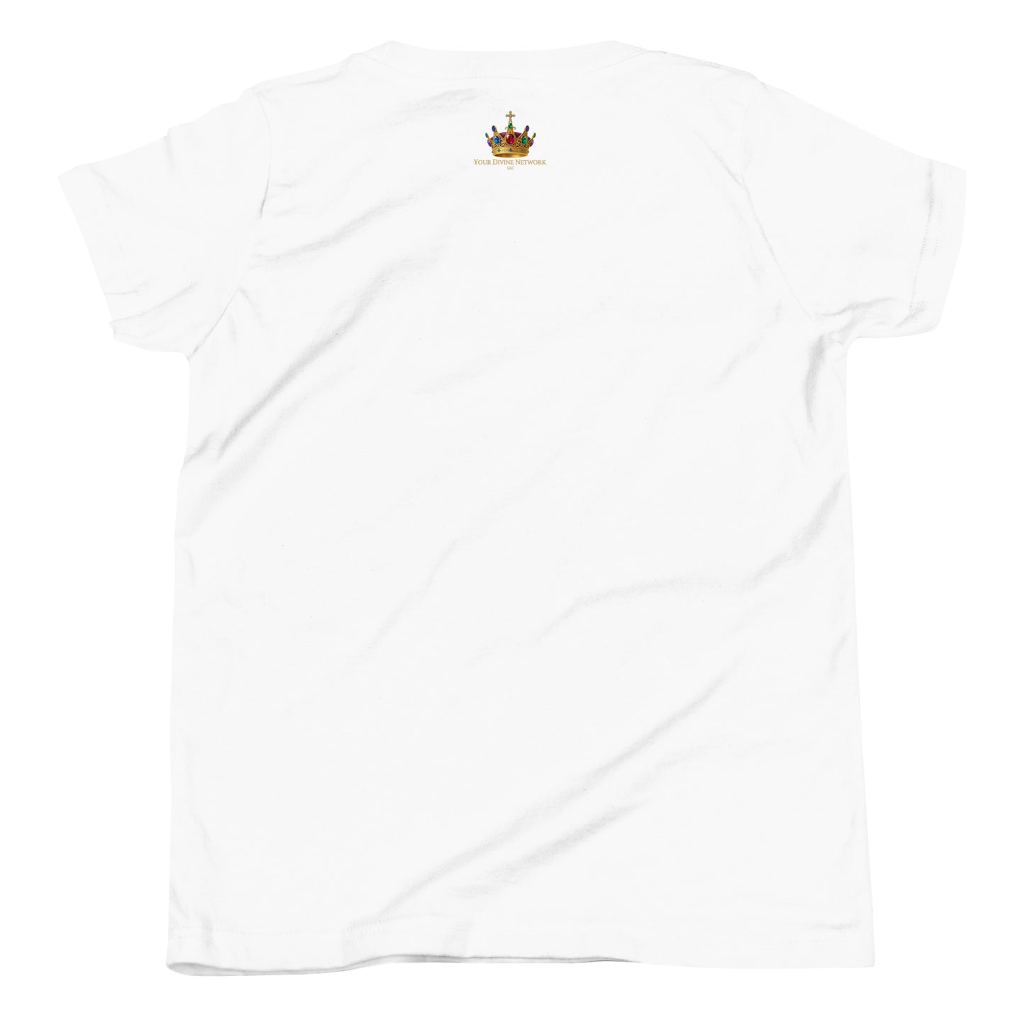 Christian “Heaven Sent” children’s design featuring elegant script typography, heavenly clouds, gold crown, and Psalm 127:3 on a white kids t-shirt.