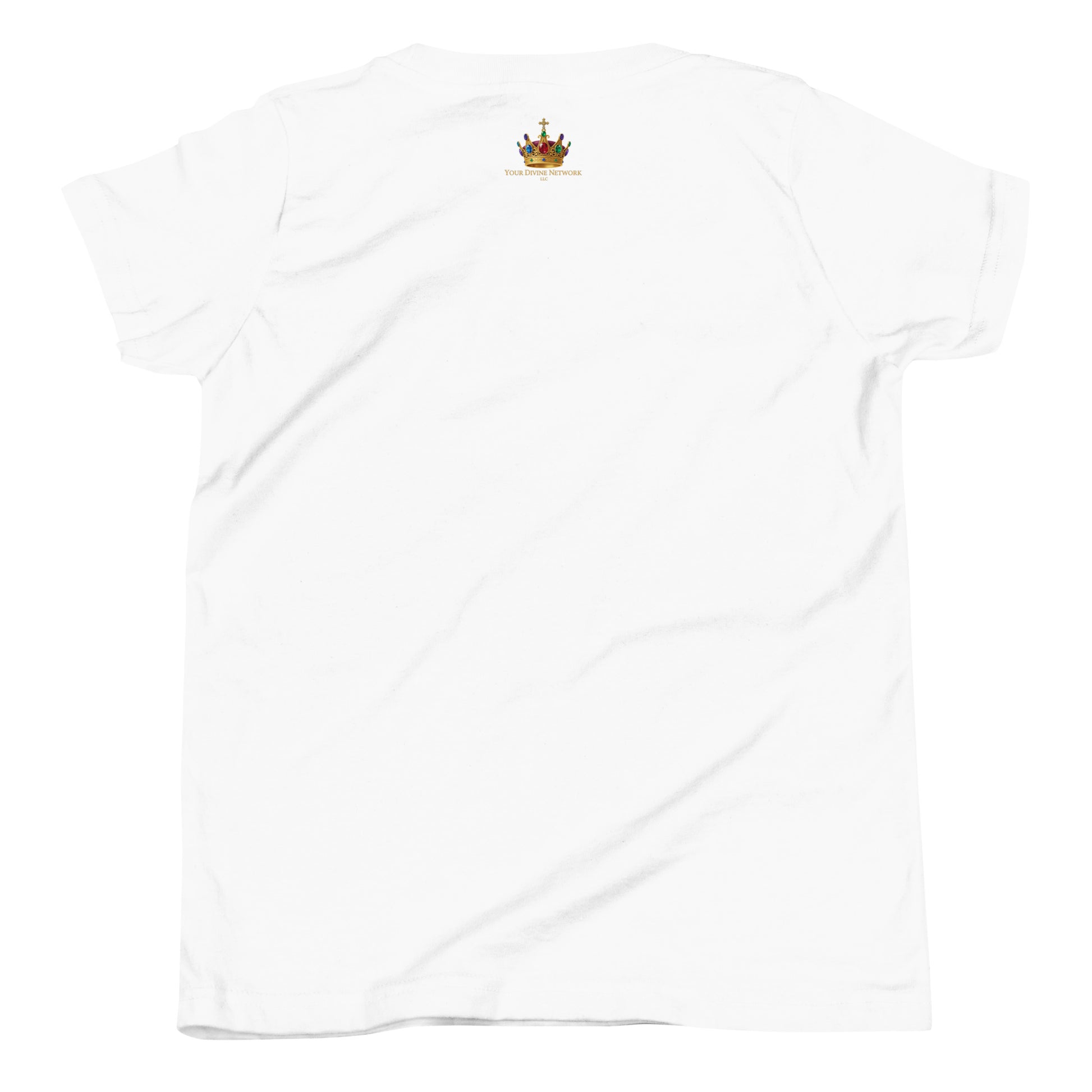 Christian “Heaven Sent” children’s design featuring elegant script typography, heavenly clouds, gold crown, and Psalm 127:3 on a white kids t-shirt.