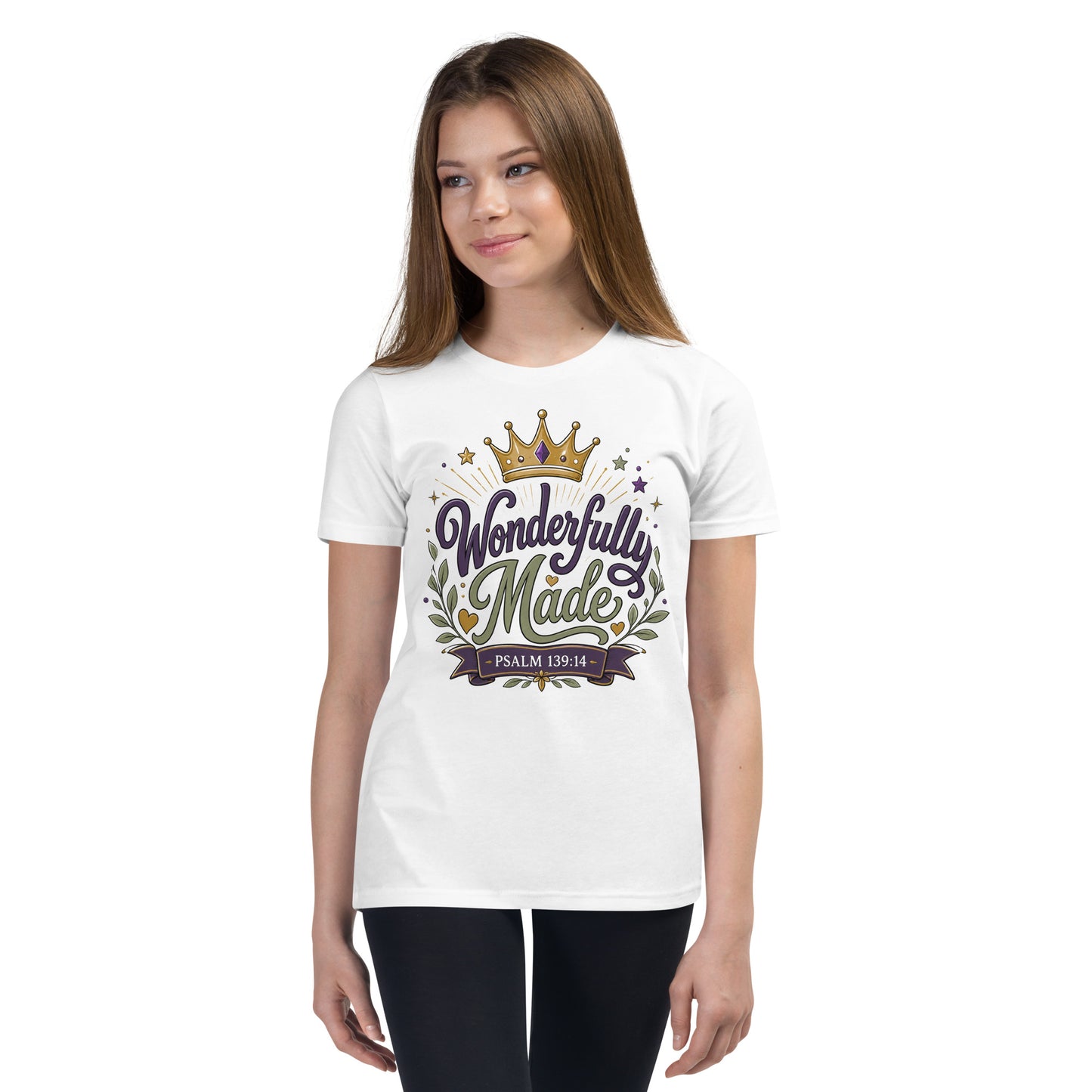 Christian youth t-shirt featuring a colorful Wonderfully Made design with a crown inspired by Psalm 139:14.