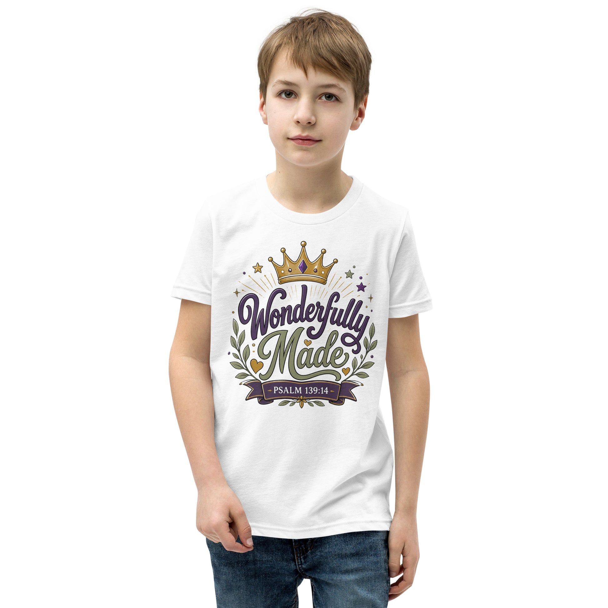 Christian youth t-shirt featuring a colorful Wonderfully Made design with a crown inspired by Psalm 139:14.