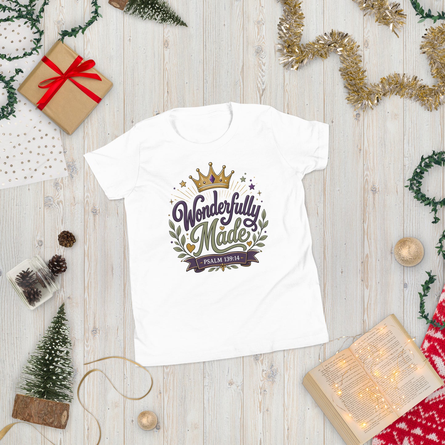 Christian youth t-shirt featuring a colorful Wonderfully Made design with a crown inspired by Psalm 139:14.