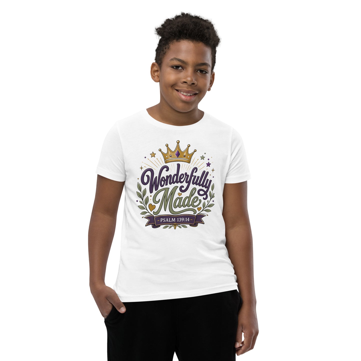 Christian youth t-shirt featuring a colorful Wonderfully Made design with a crown inspired by Psalm 139:14.