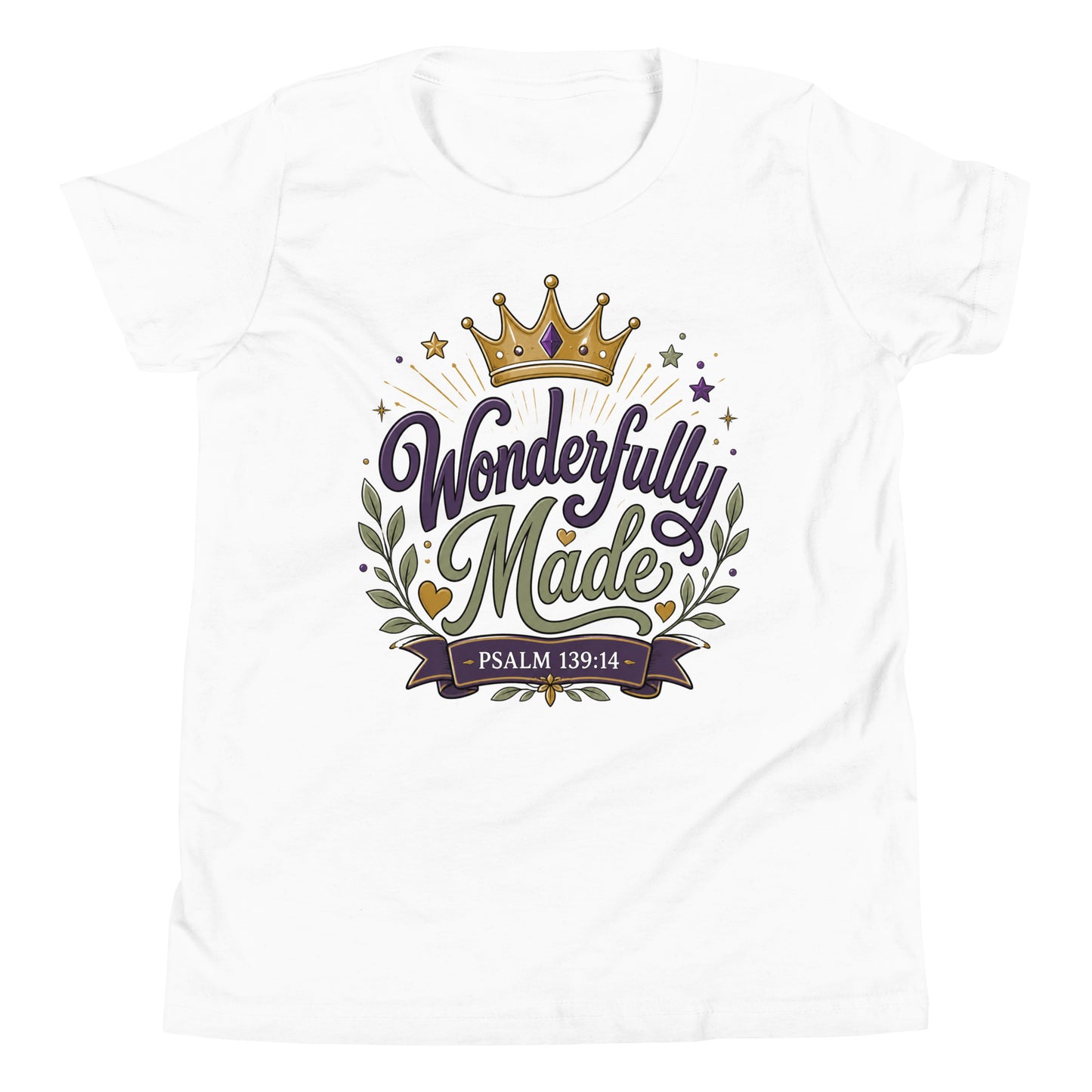 Christian youth t-shirt featuring a colorful Wonderfully Made design with a crown inspired by Psalm 139:14.