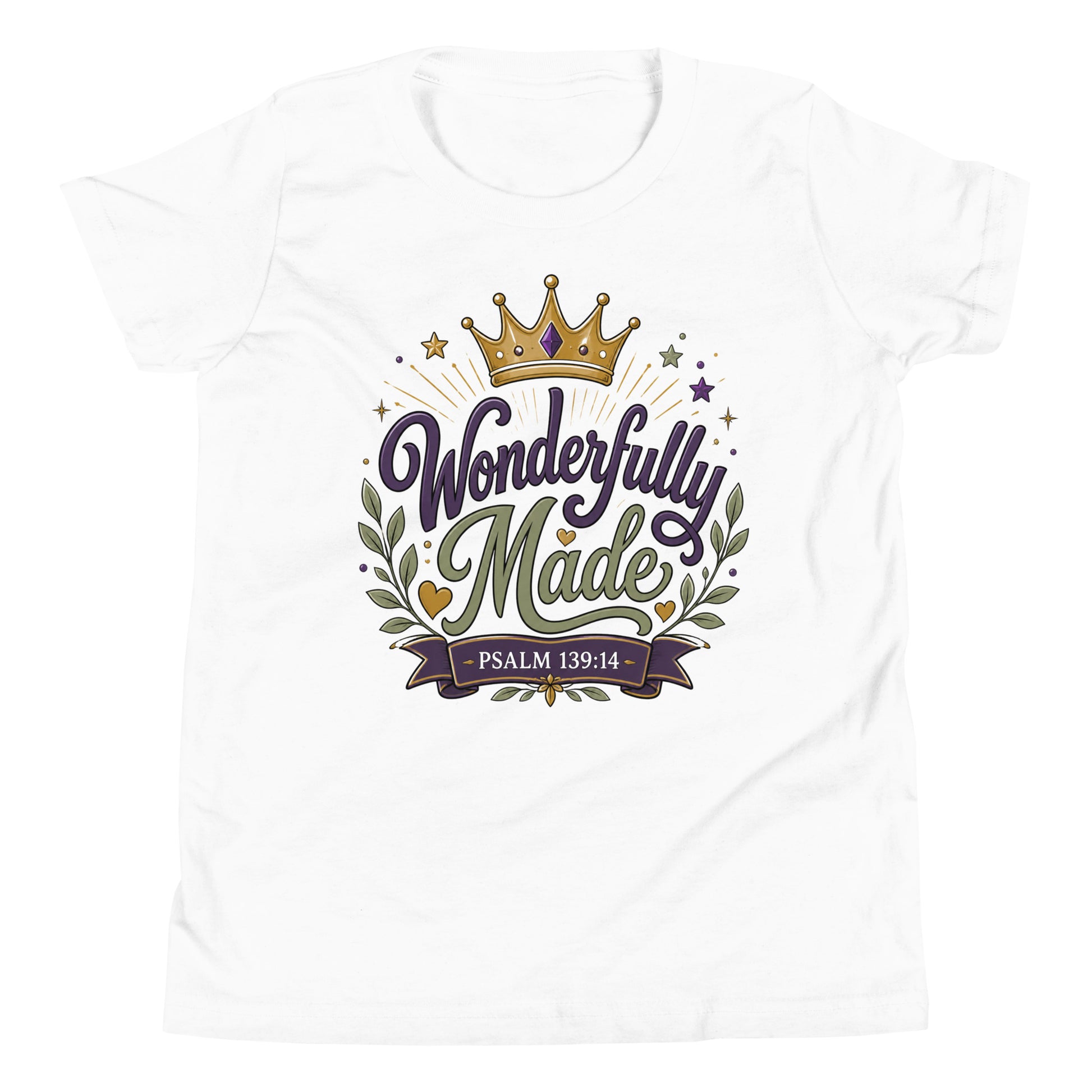 Christian youth t-shirt featuring a colorful Wonderfully Made design with a crown inspired by Psalm 139:14.