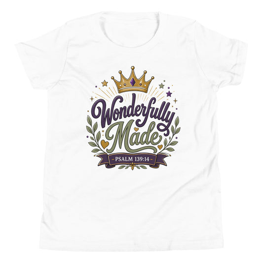 Christian youth t-shirt featuring a colorful Wonderfully Made design with a crown inspired by Psalm 139:14.