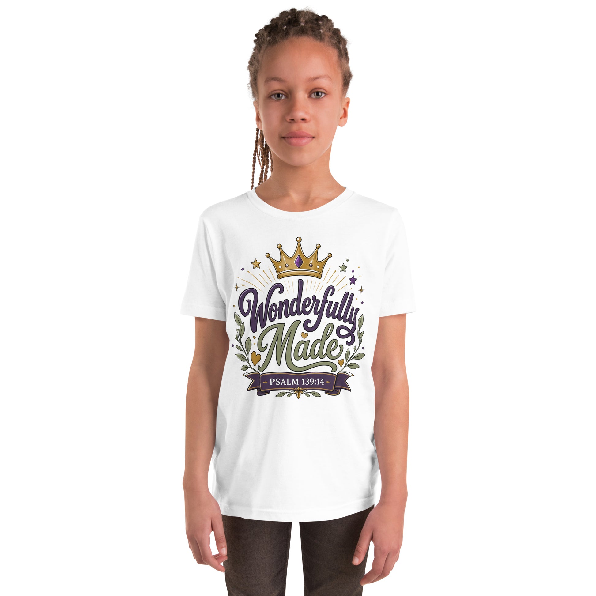 Christian youth t-shirt featuring a colorful Wonderfully Made design with a crown inspired by Psalm 139:14.
