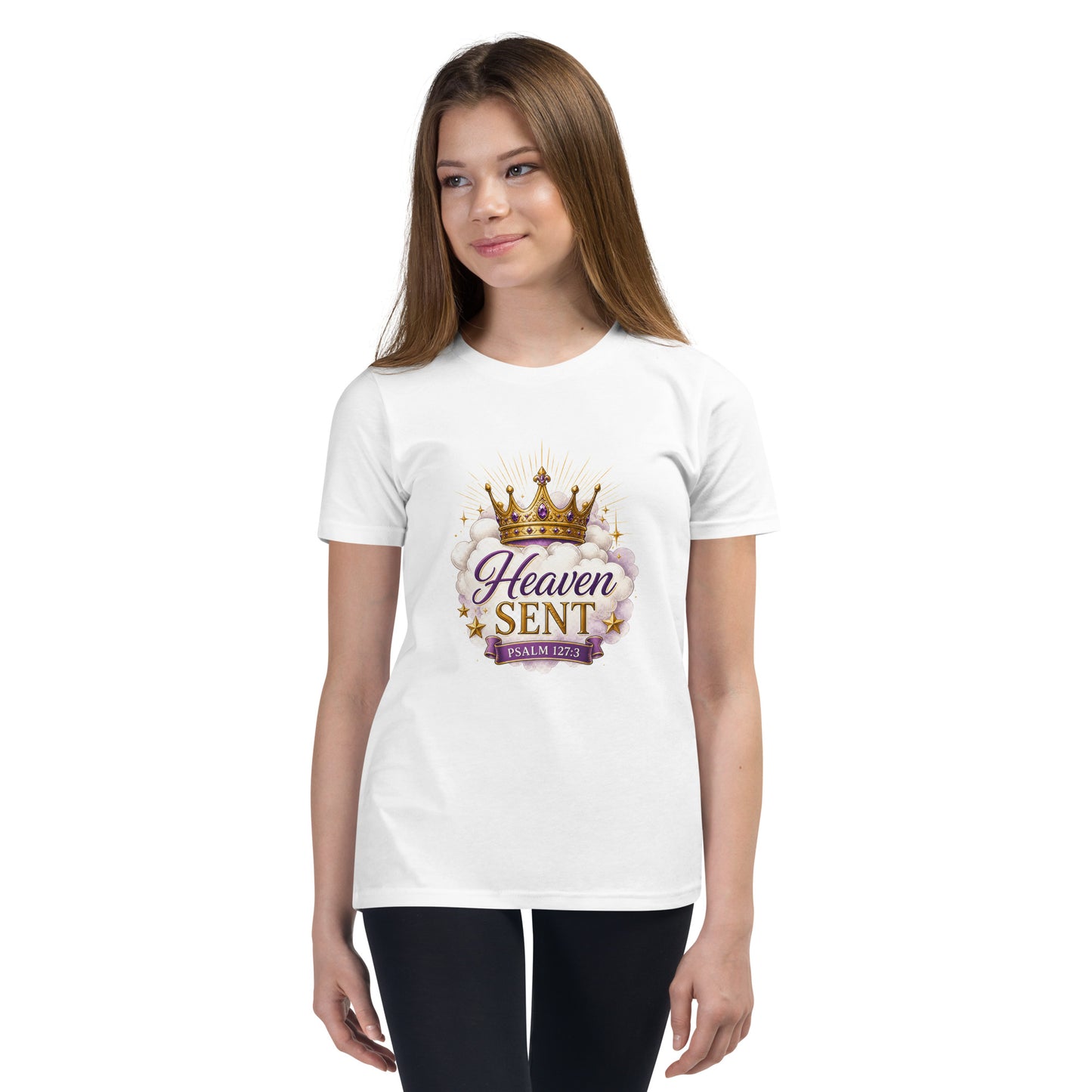 Christian “Heaven Sent” children’s design featuring elegant script typography, heavenly clouds, gold crown, and Psalm 127:3 on a white kids t-shirt.
