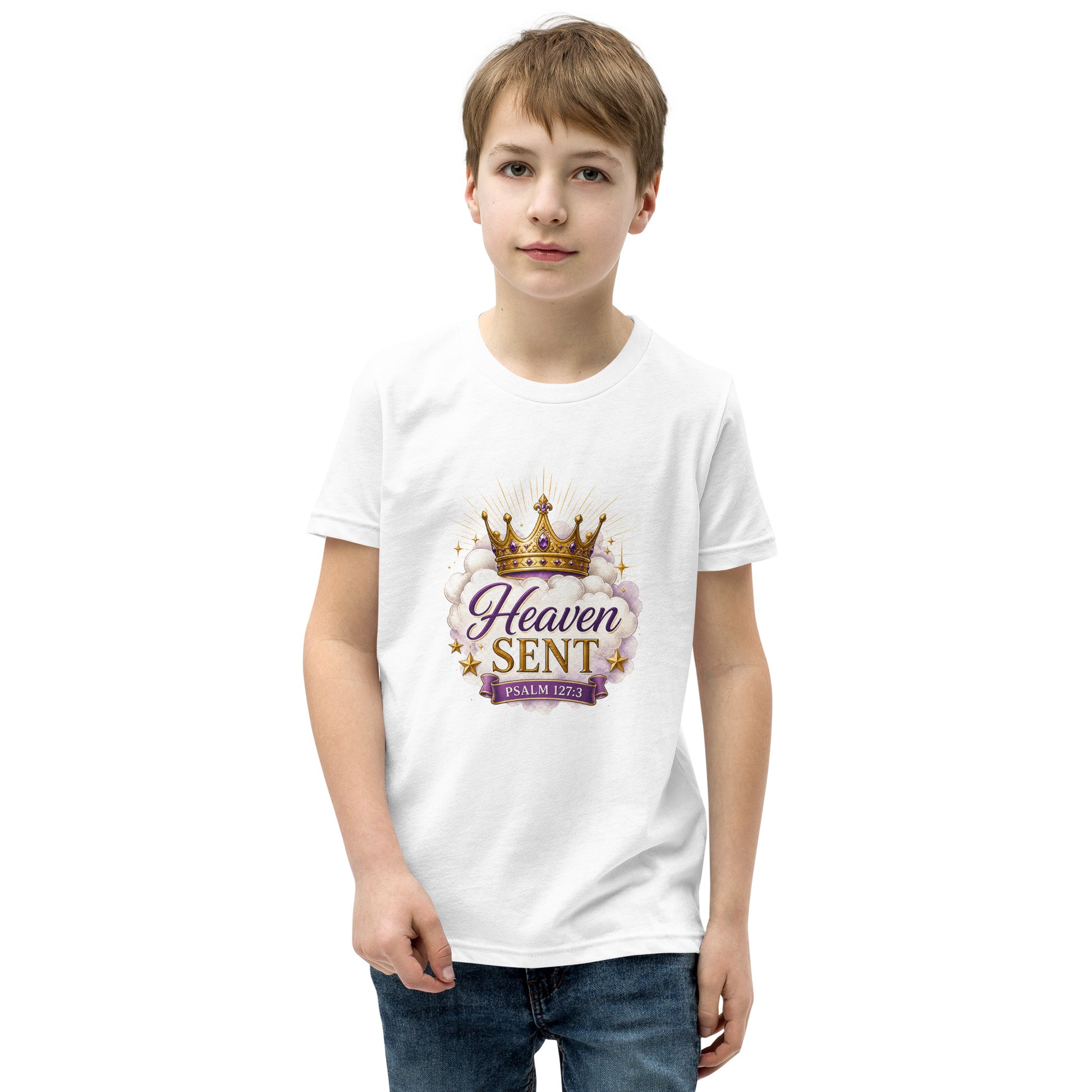 Christian “Heaven Sent” children’s design featuring elegant script typography, heavenly clouds, gold crown, and Psalm 127:3 on a white kids t-shirt.