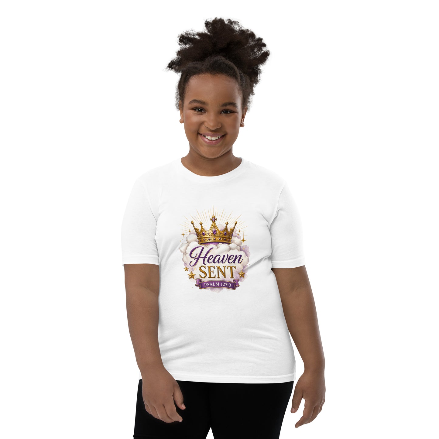 Christian “Heaven Sent” children’s design featuring elegant script typography, heavenly clouds, gold crown, and Psalm 127:3 on a white kids t-shirt.