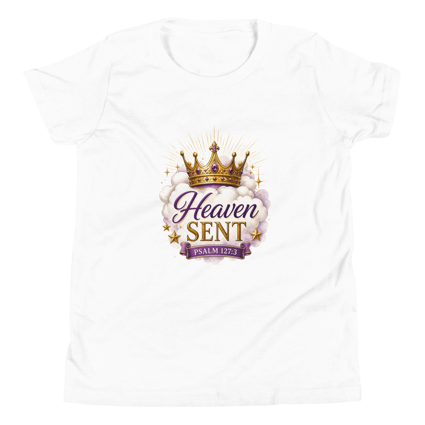 Christian “Heaven Sent” children’s design featuring elegant script typography, heavenly clouds, gold crown, and Psalm 127:3 on a white kids t-shirt.