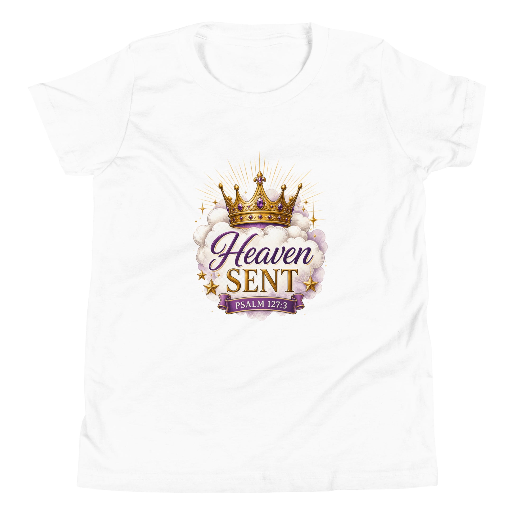 Christian “Heaven Sent” children’s design featuring elegant script typography, heavenly clouds, gold crown, and Psalm 127:3 on a white kids t-shirt.