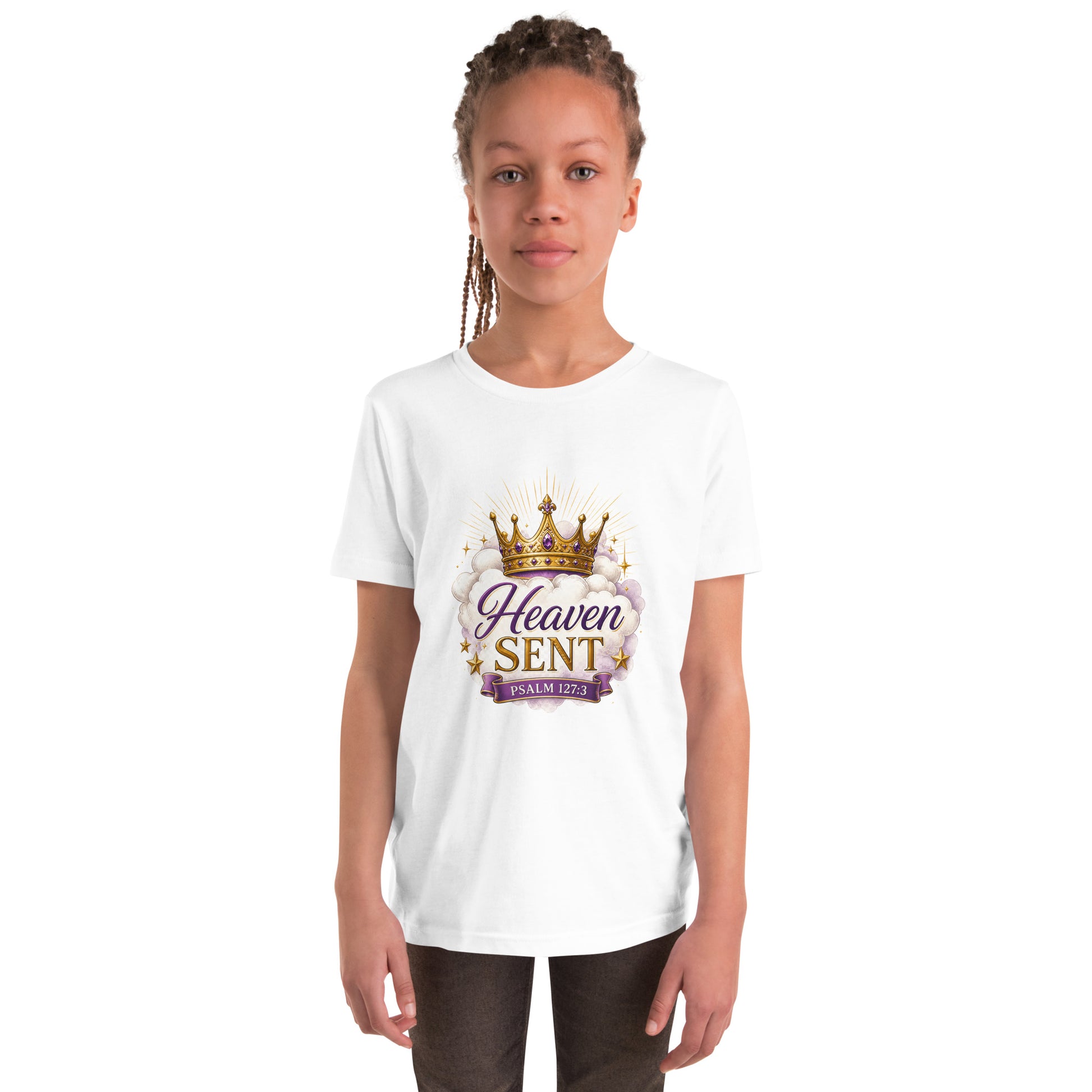 Christian “Heaven Sent” children’s design featuring elegant script typography, heavenly clouds, gold crown, and Psalm 127:3 on a white kids t-shirt.