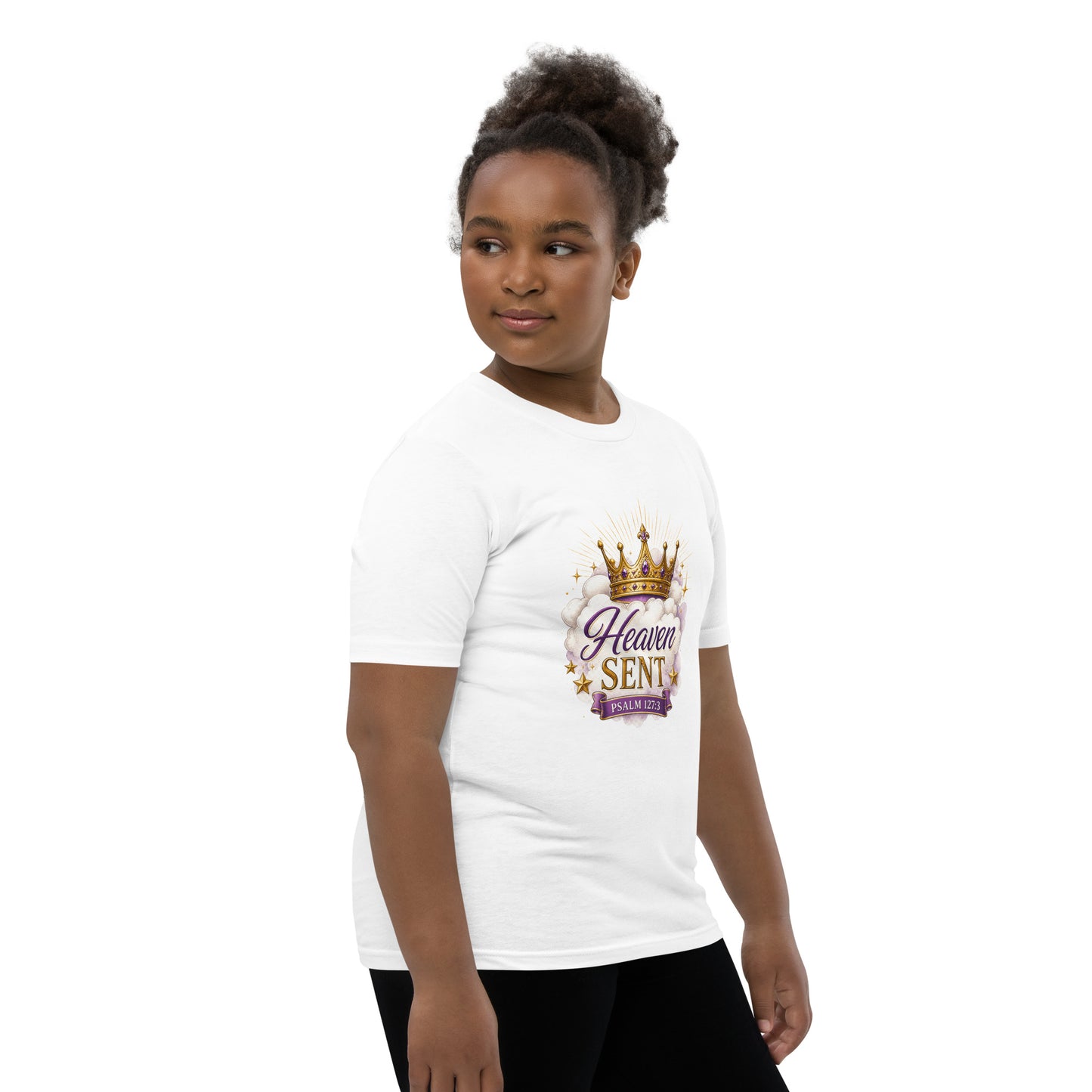 Christian “Heaven Sent” children’s design featuring elegant script typography, heavenly clouds, gold crown, and Psalm 127:3 on a white kids t-shirt.